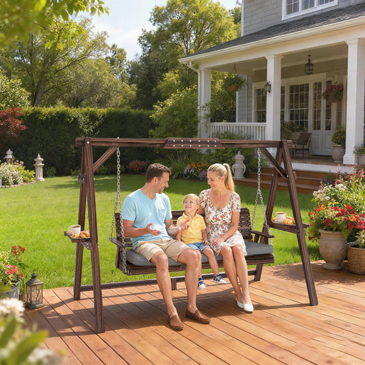 Outsunny 3 Seater Garden Swing Seat, Wooden Swing Chair Bench with Cushion, Side Trays and Metal Chains, for Outdoor Porch Patio, Carbonised Brown