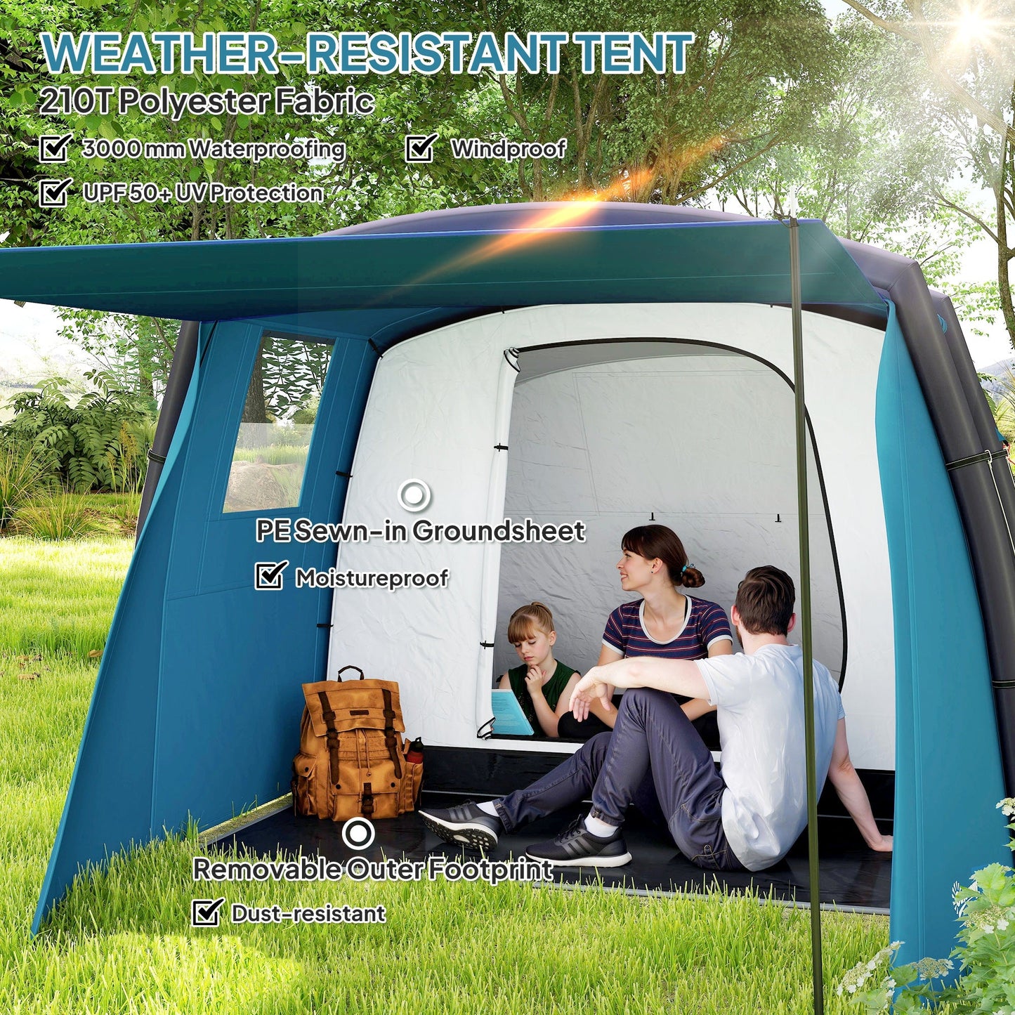 Outsunny Inflatable 3-4 Man Tunnel Tent w/ Air Pump, Living Area & Vestibule, Waterproof Family Camping Air Tent w/ Sewn In Groundsheet & Removable Footprint for Camping, Hiking, Blue