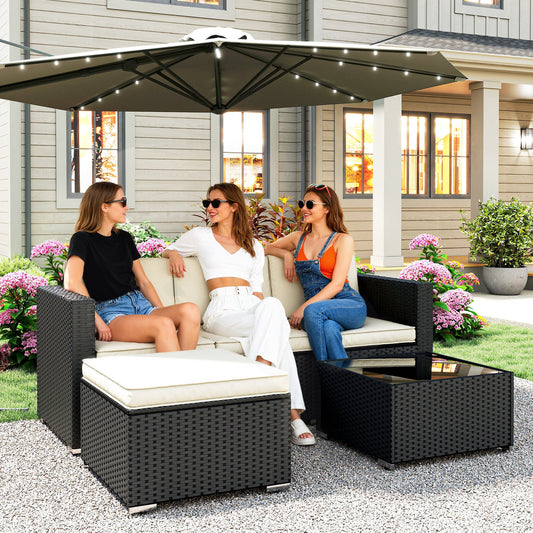 Outsunny 3 Pieces Garden Furniture Set w/ Cushions, PE Rattan Wicker Conversation Corner Sofa Set