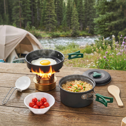 Outsunny Camping Cookware Set, 8-Piece Ultralight Camping Cooking Kit with Anti-Scald Handles, Grey