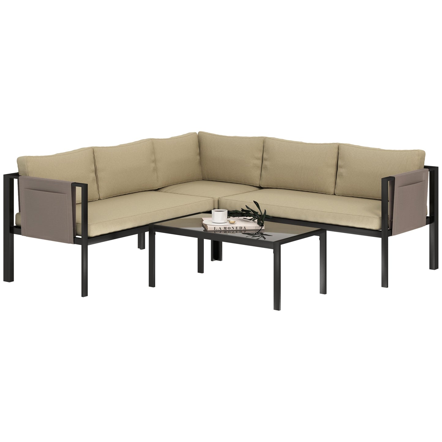 Outsunny 5 Seater Garden Corner Sofa Set, 4 Pieces Metal Garden Furniture Set with Loveseats, Glass Top Coffee Table, Breathable Mesh Pocket, Outdoor Conversation Furniture with Cushions, Khaki