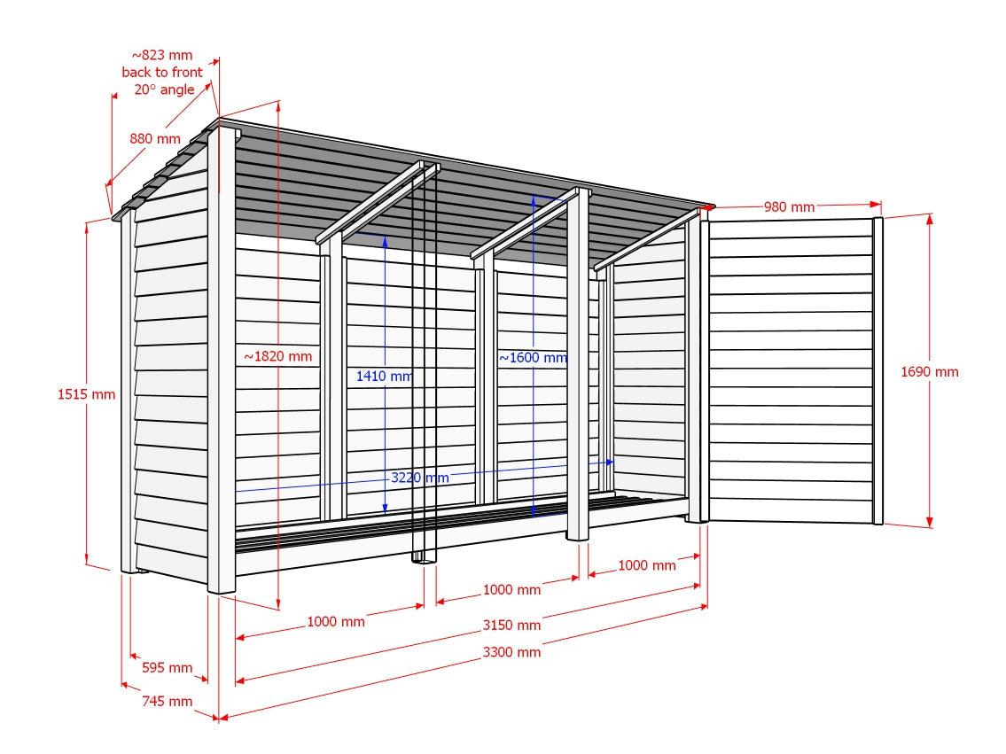Wooden Garden Tool Storage (Roof Sloping Back) W-335cm, H-126cm or 180cm, D-88cm