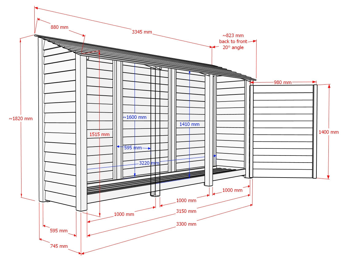 Wooden Log Store with Doors and Shelf W-335cm, H-126cm or 180cm, D-88cm