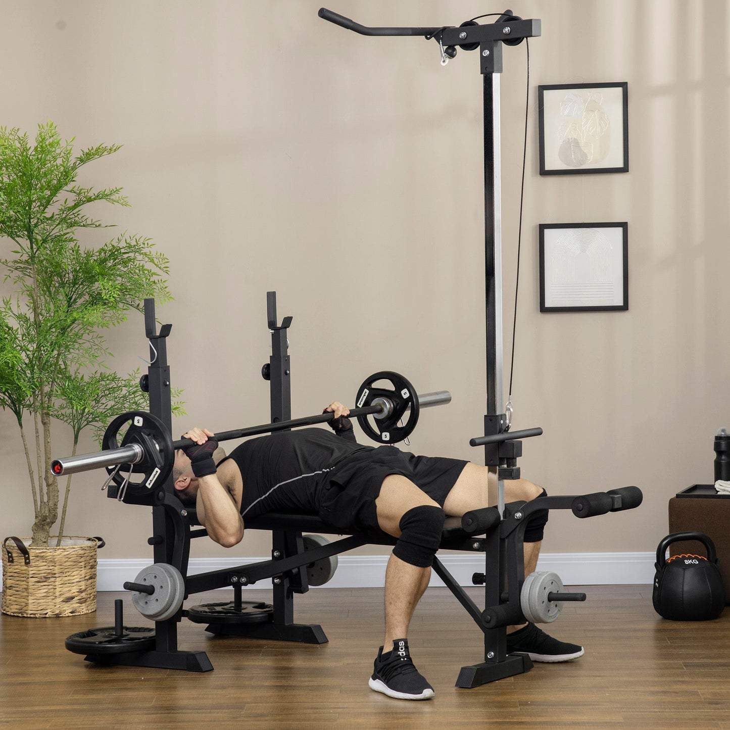HOMCOM Adjustable Weight Bench with Pulley System, Incline Bench Press Set with Squat Rack, Leg Developer, Butterfly and Weight Storage, for Home Gym Full Body Workout