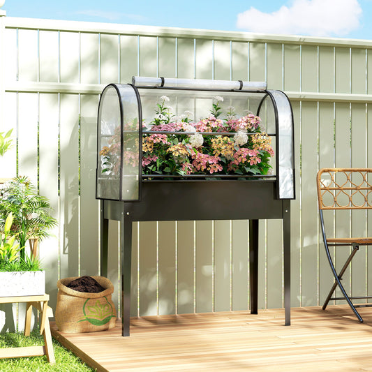 Outsunny Raised Planter with Flip-Up Greenhouse Cover, Metal Raised Garden Bed on Legs with Drainage Hole, Black