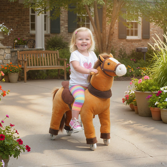 AIYAPLAY Ride On Horse, Plush Walking Horse Toy with Wheels and Saddle for Ages 3-5 Years Old, Brown