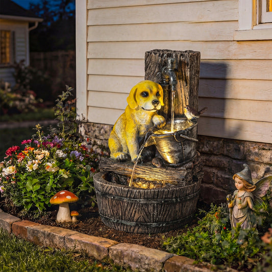 Outsunny Garden Water Feature with 3-Tier Rustic Puppy Design, Freestanding Resin with LED Lights, Adjustable Flow, Rustic Brown
