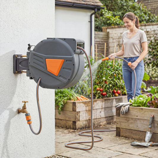 Outsunny Retractable Hose Reel Wall Mounted, 30+2m Garden Hose Pipe Reel with Auto Retraction, Self-Locking, Orange
