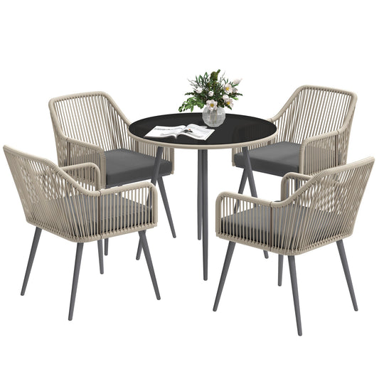 Outsunny 4 Seater Rattan Dining Set, Rattan Garden Furniture Set with Parasol Hole, Outdoor Dining Table and Chairs Set with Cushions, Round Glass Top Table for Patio, Balcony, Light Brown