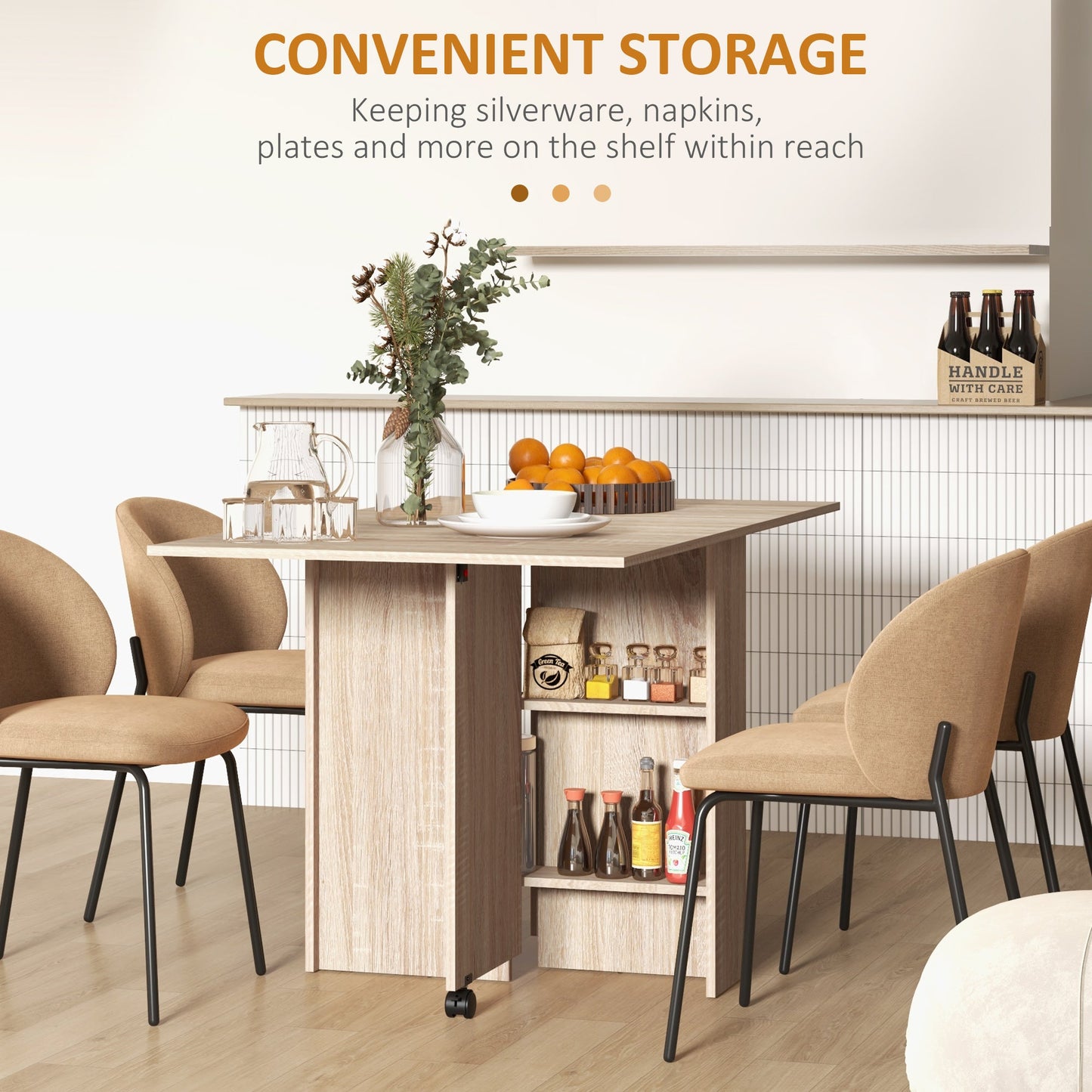 HOMCOM Folding Dining Table, Drop Leaf Table for Small Spaces with 2-tier Shelves, Small Kitchen Table with Rolling Casters, Natural