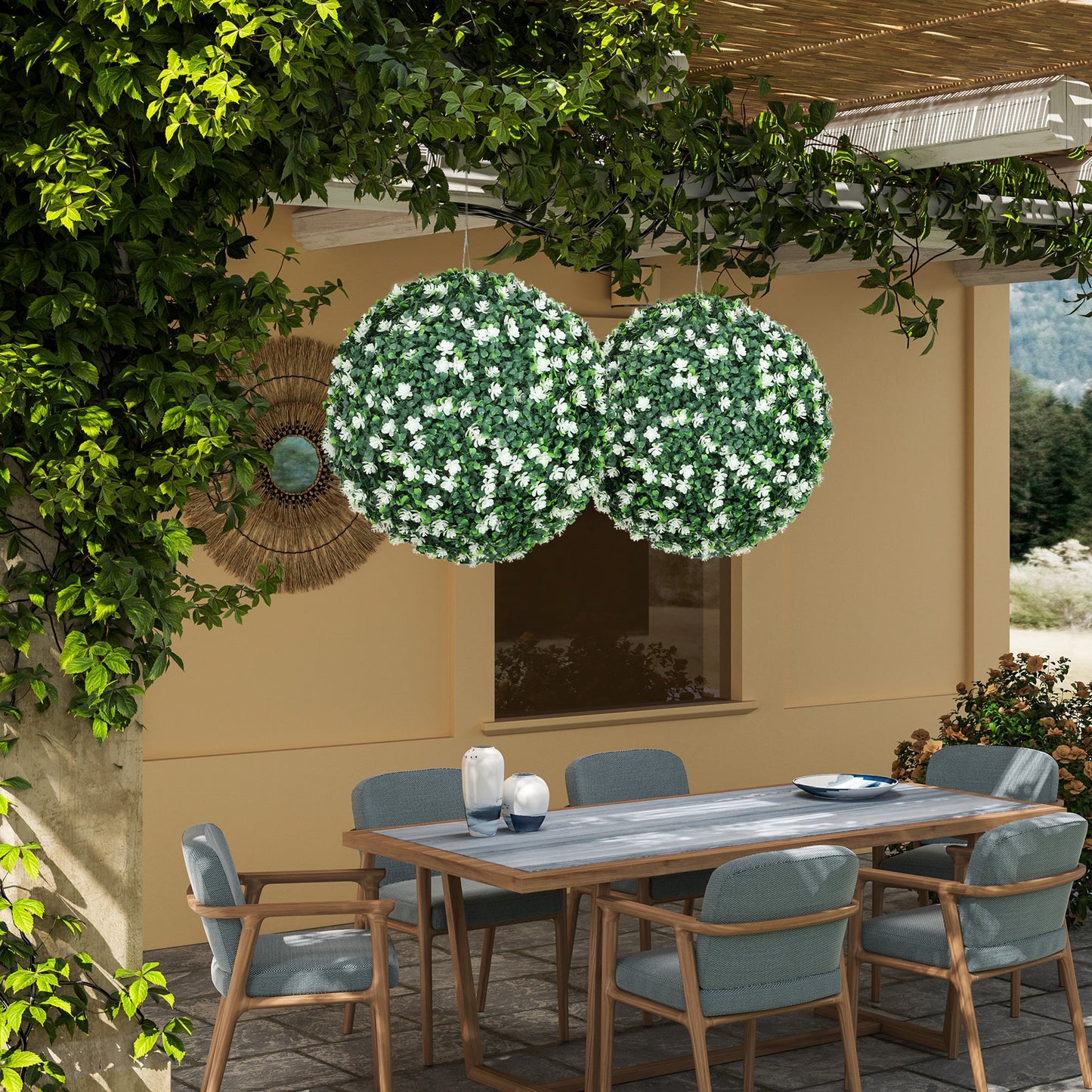 HOMCOM Set of Two Artificial Boxwood Balls Plants - White