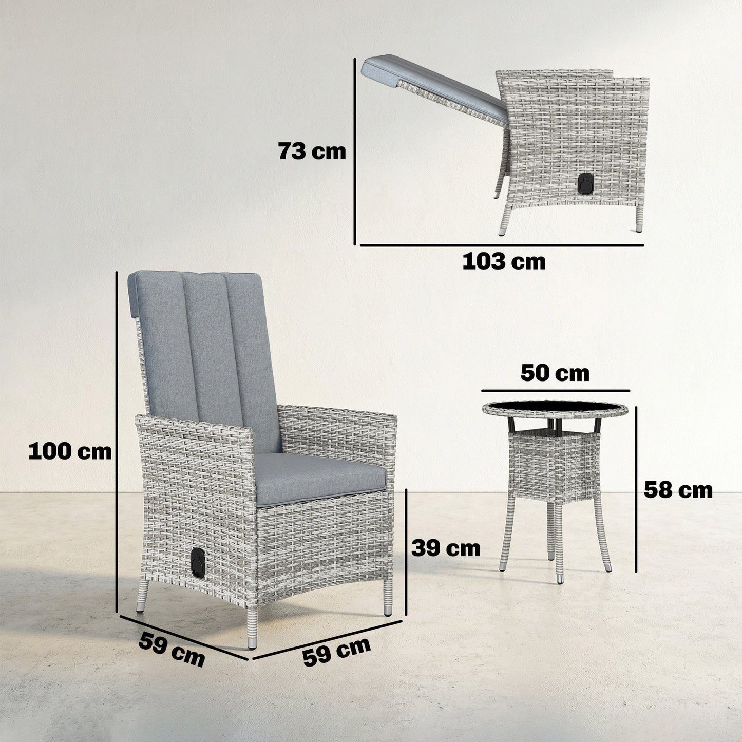 Outsunny Rattan Bistro Set, Reclining Garden Chairs and Glass Coffee Table with Cushions for Patio Balcony Porch, Light Grey