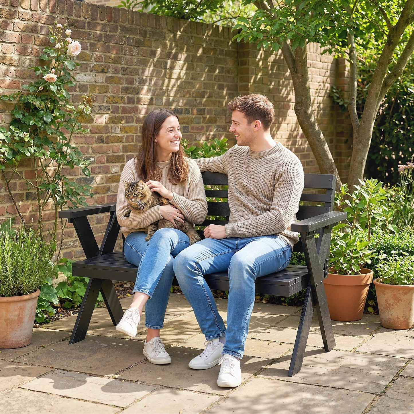Outsunny 2 Seater Wooden Garden Bench, Slatted Patio Bench with Armrest and Backrest, Black