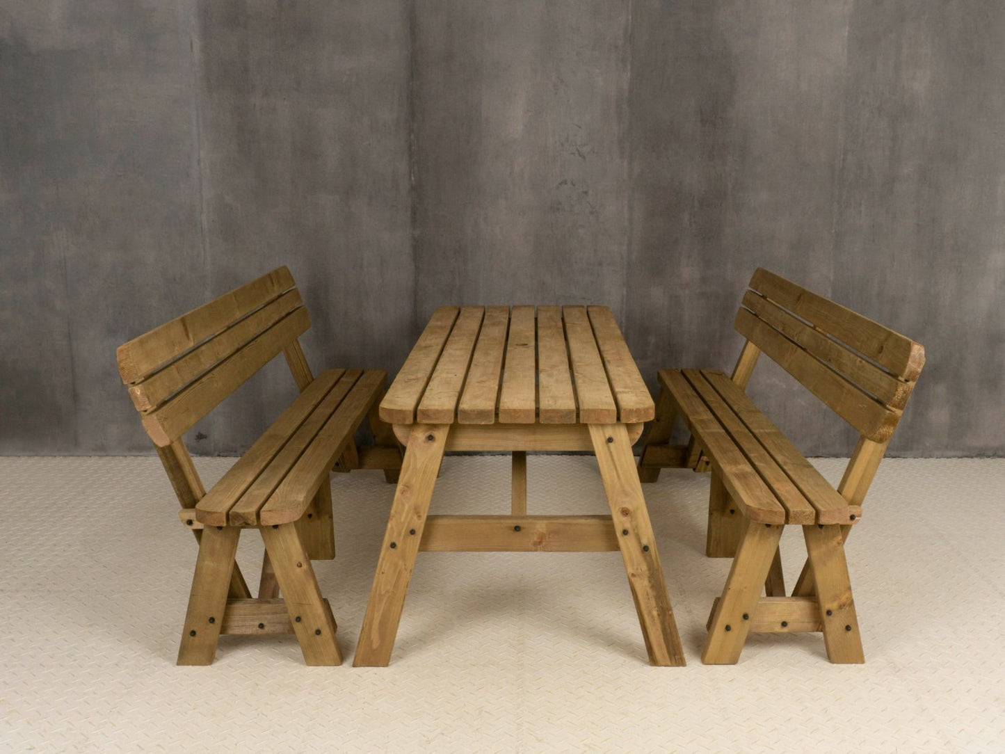 Victoria Rounded Picnic Table and Benches Set With Backrest - Rustic Finish