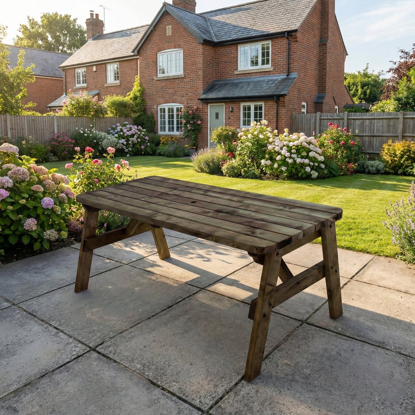 Victoria Rounded Wooden Garden Table, Outdoor Picnic Dining Desk - Rustic Finish
