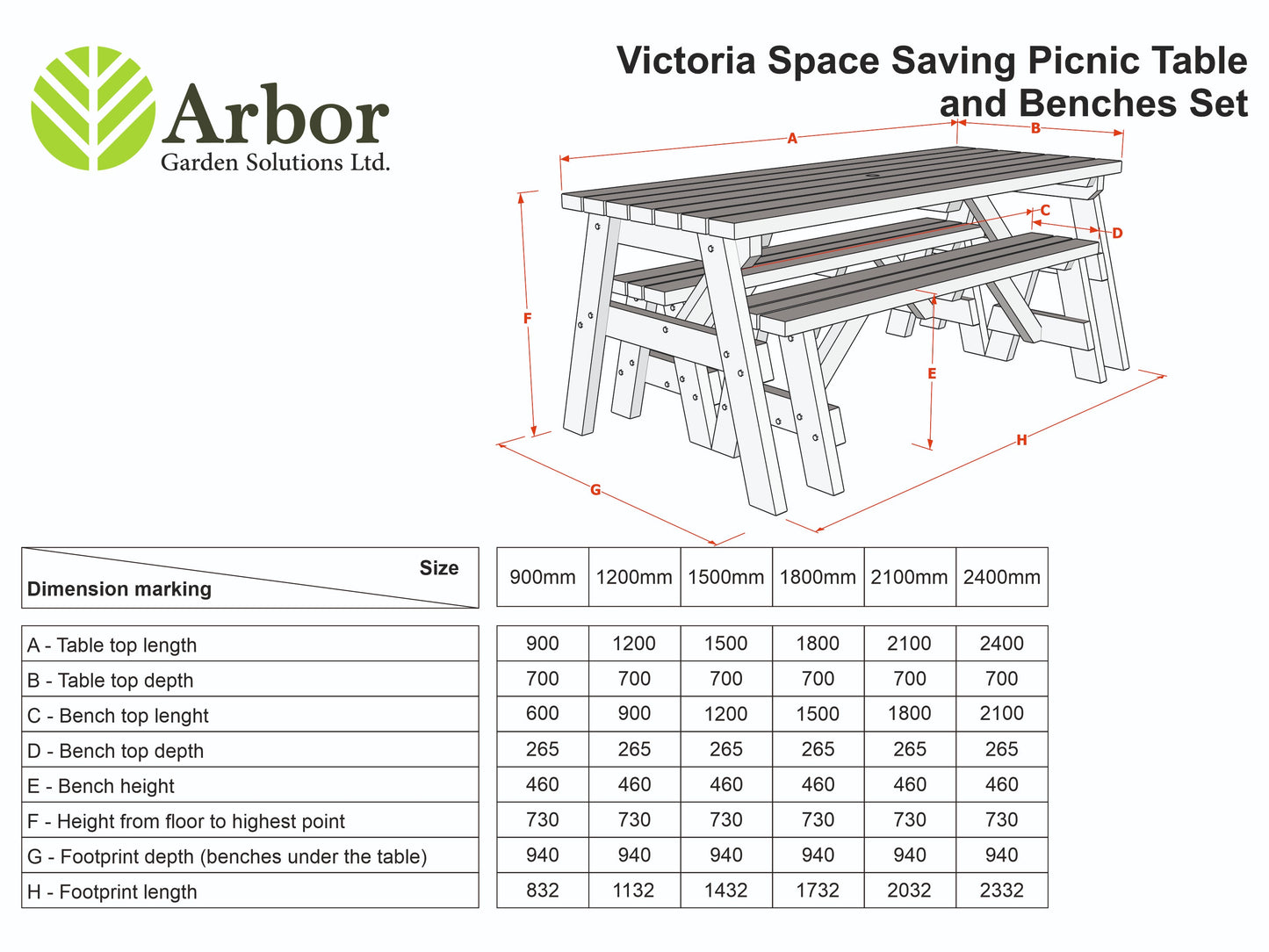 Victoria Space Saving Picnic Table and Benches Set - Rustic Finish