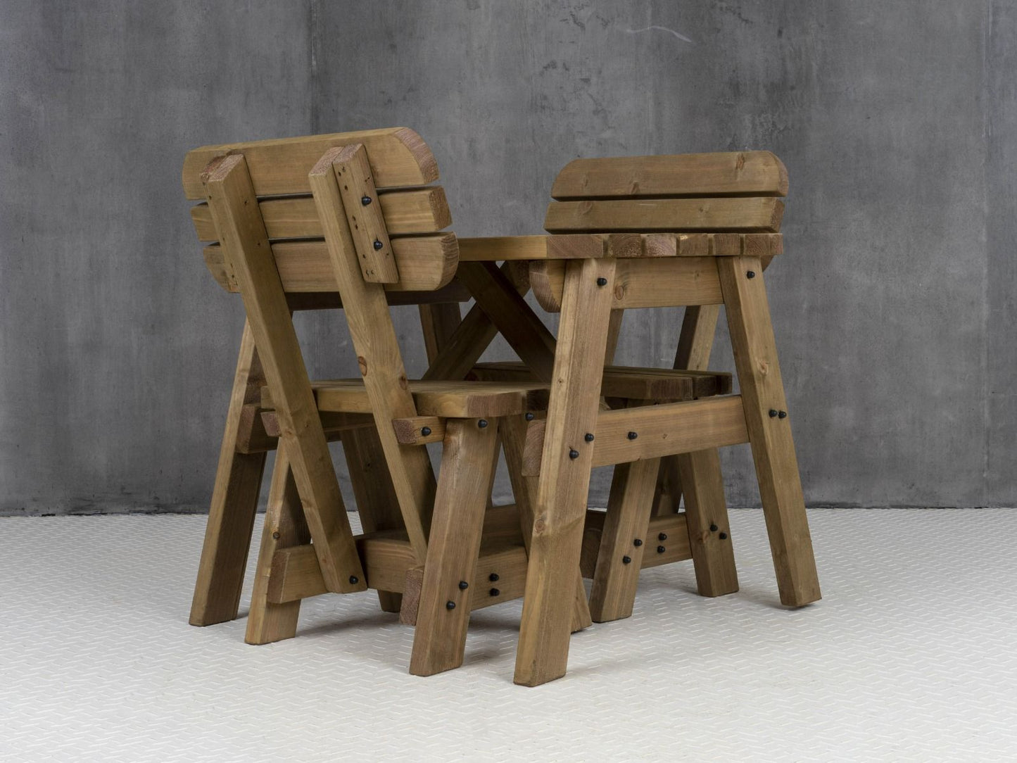 Victoria Space Saving Rounded Picnic Table and Bench Set With Backrest - Rustic Finish