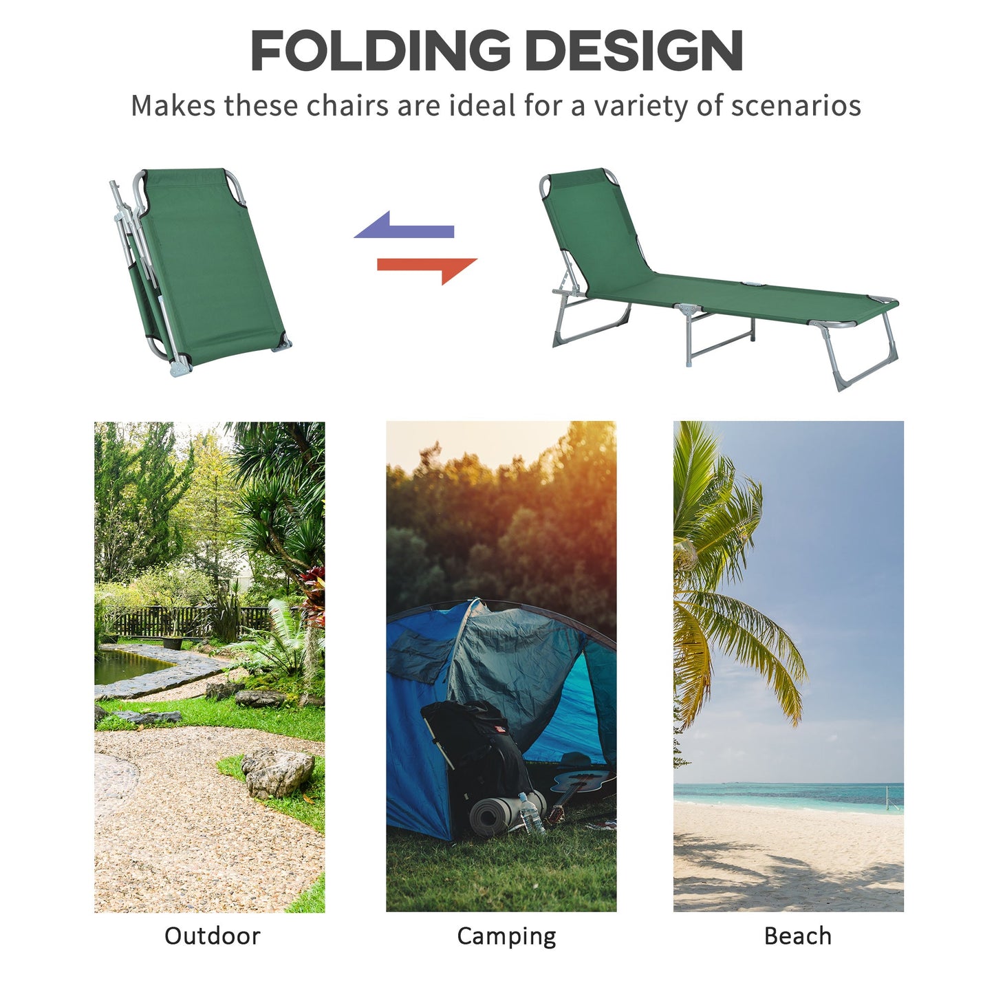 Outsunny Reclining Sun Lounger Chair Folding Camping Bed with 4-Position Adjustable Backrest, for Travel Indoor Outdoor Office Fishing, Green