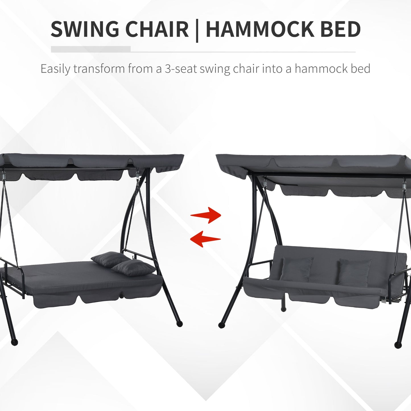 Outsunny Outdoor 2-in-1 Swing Chair Lounger 3 Seater Garden Swing Seat Bed Convertible Tilt Canopy W/ Cushion, Dark Grey