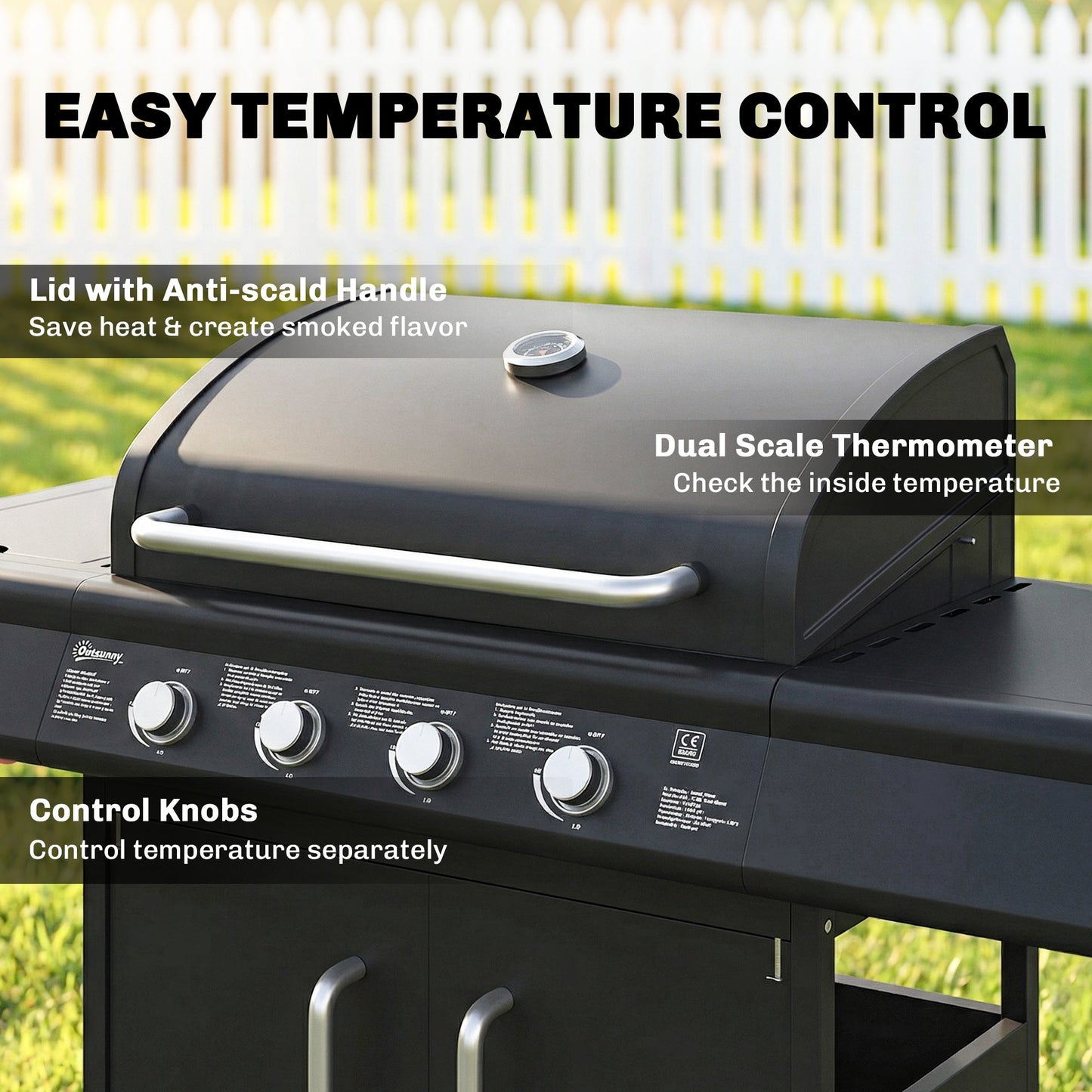 Outsunny 4+1 Burner Gas BBQ Grill with Storage Cabinet, 15.2 kW Gas Barbecue Trolley with Side Table, 4 Wheels, Warming Rack