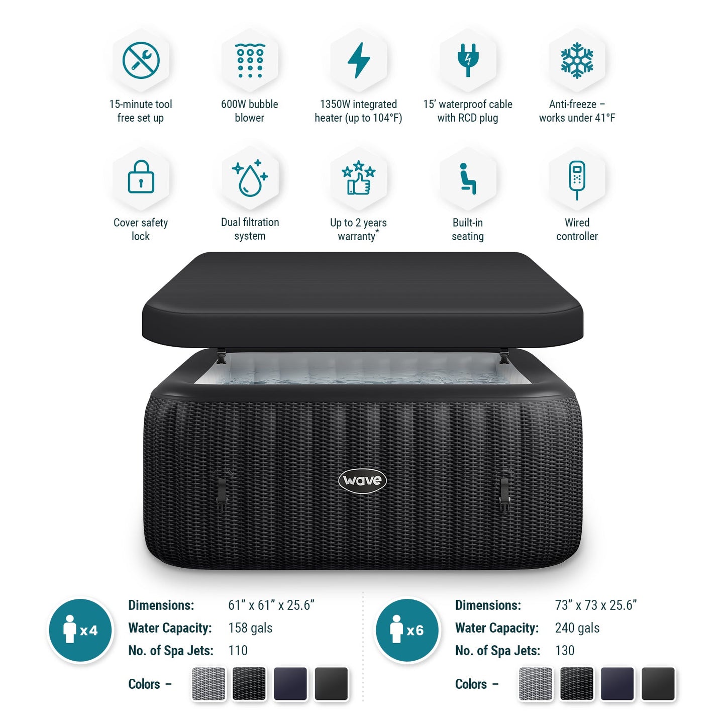 WaveSpa Pacific Inflatable Hot Tub with Integrated Heater – 4–6 Person