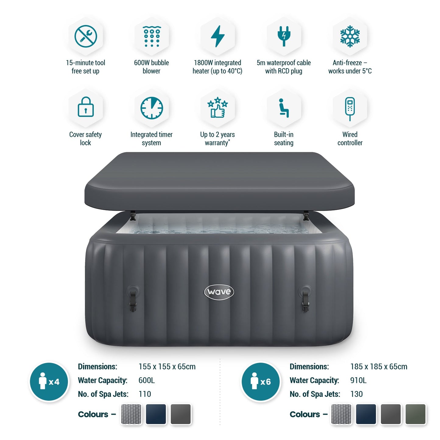 WaveSpa Pacific Inflatable Hot Tub with Integrated Heater – 4–6 Person