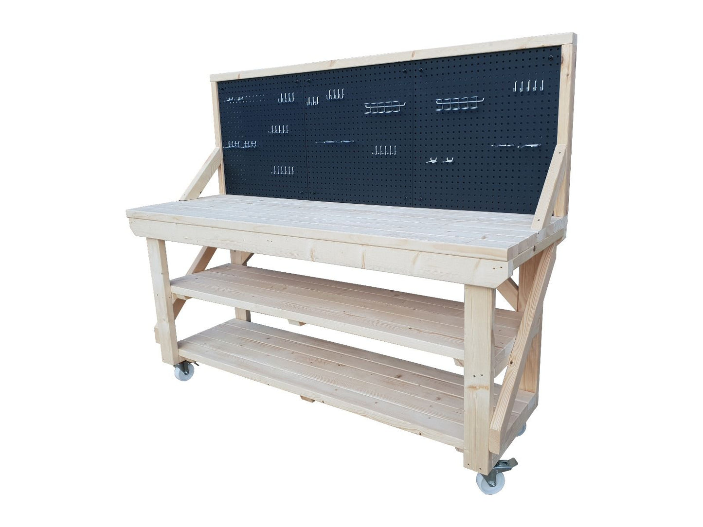 Wooden Kiln-dry Workbench With Peg Board with Double Shelf