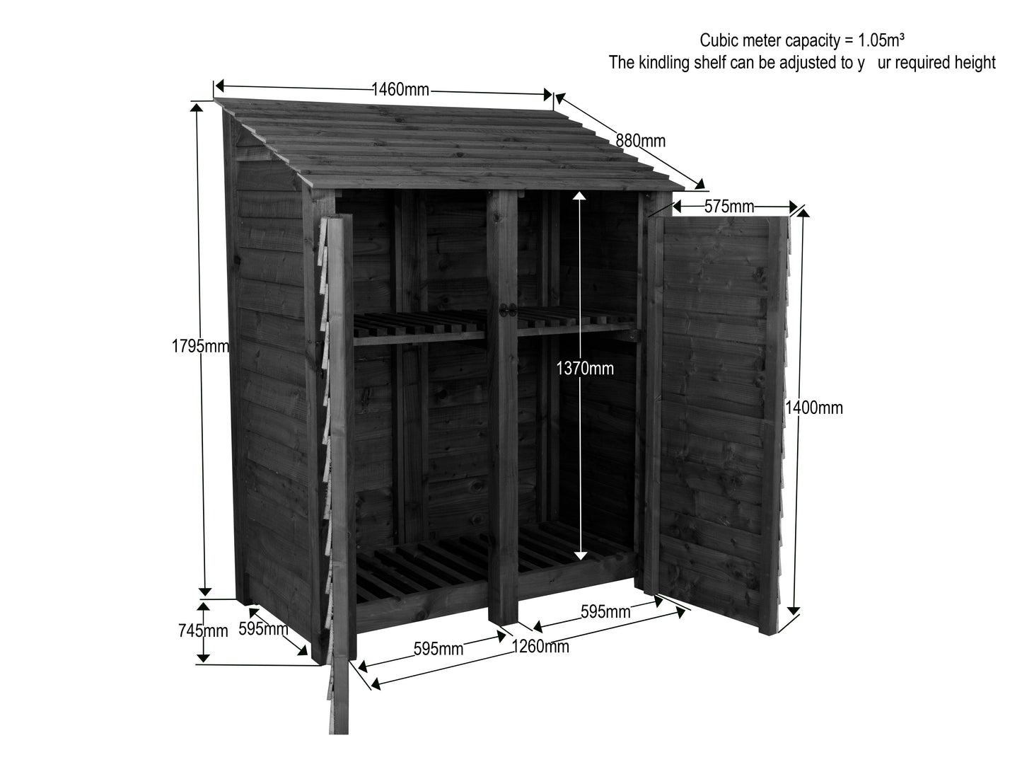 Wooden Garden Tool Storage (Roof Sloping Back) with Shelf W-146cm, H-126cm or 180cm, D-88cm