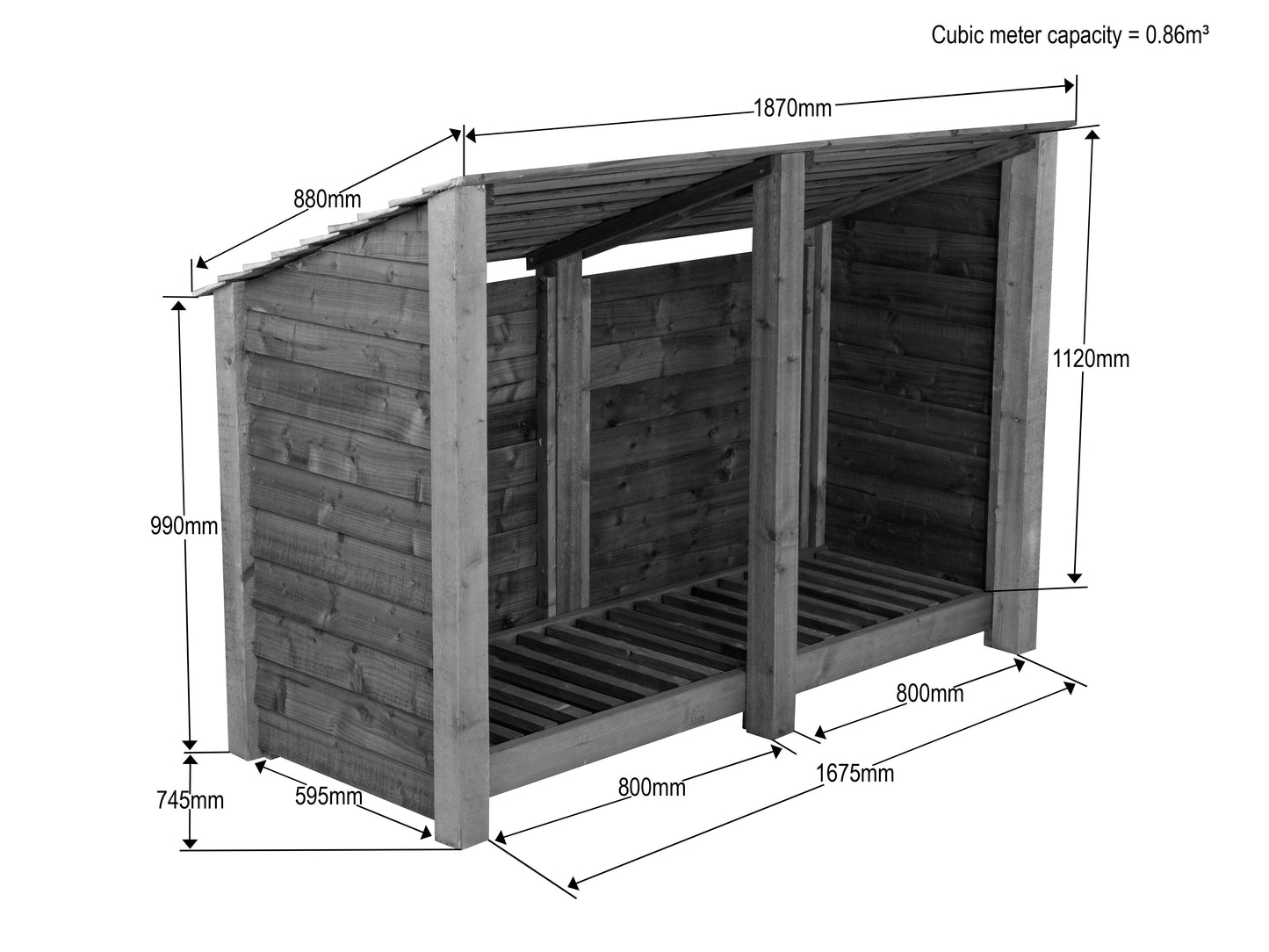 Wooden Log Store (Roof Sloping Back) W-187cm, H-126cm or 180cm, D-88cm