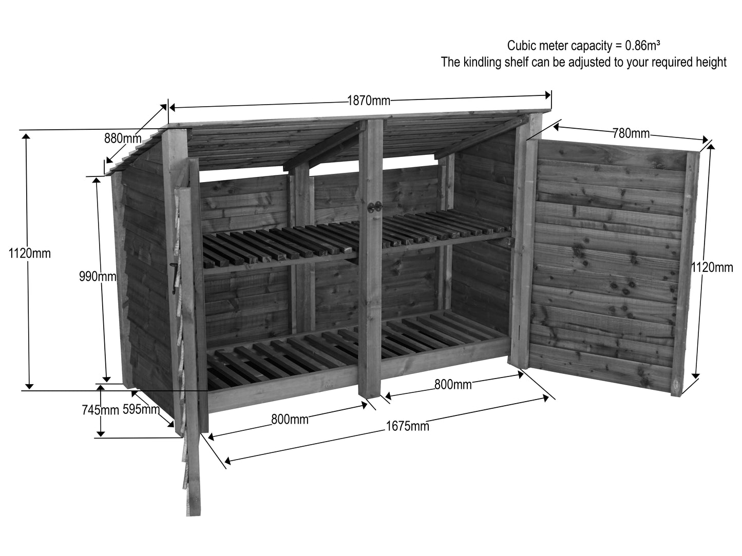 Wooden Garden Tool Storage (Roof Sloping Back) with Shelf W-187cm, H-126cm or 180cm, D-88cm