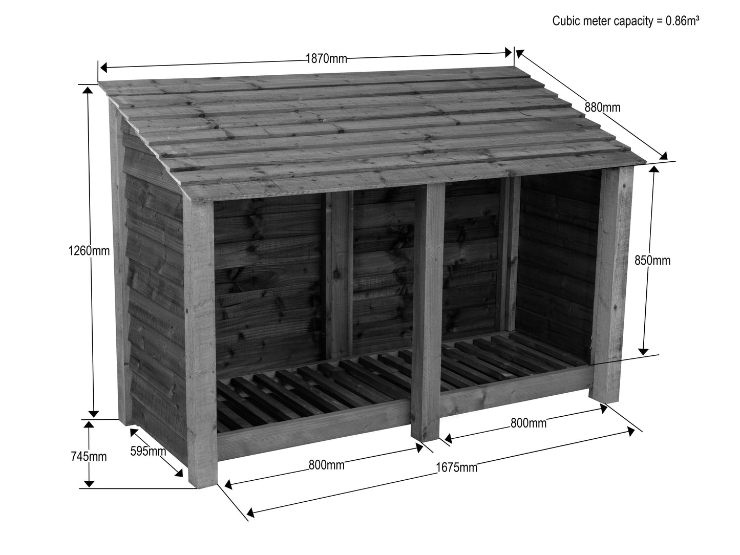 Slatted Wooden Log Store W-187cm, H-126cm or 180cm, D-88cm - Brown Finish