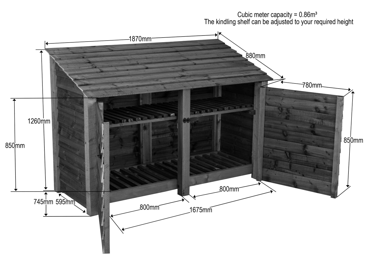 Slatted Wooden Log Store with Doors And Shelf W-187cm, H-126cm or 180cm, D-88cm - Brown Finish