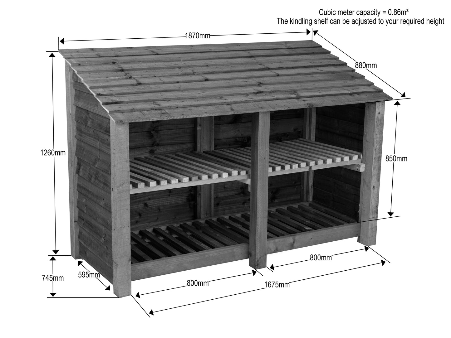 Wooden Log Store with Shelf W-187cm, H-126cm or 180cm, D-88cm