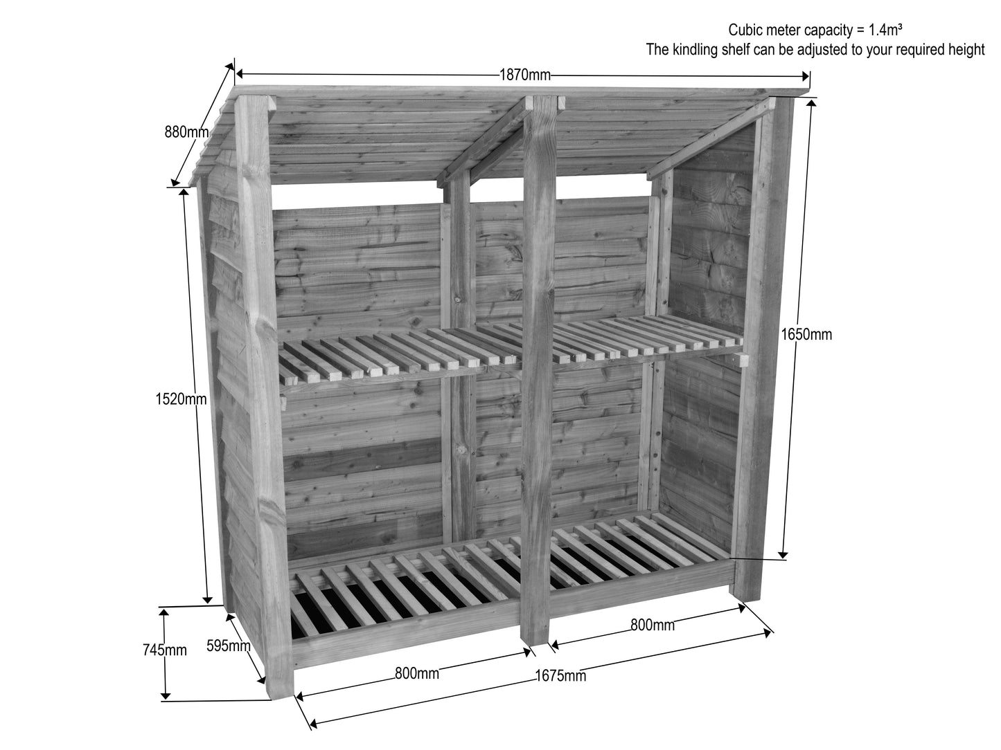 Wooden Log Store (Roof Sloping Back) with Shelf W-187cm, H-126cm or 180cm, D-88cm - Brown Finish