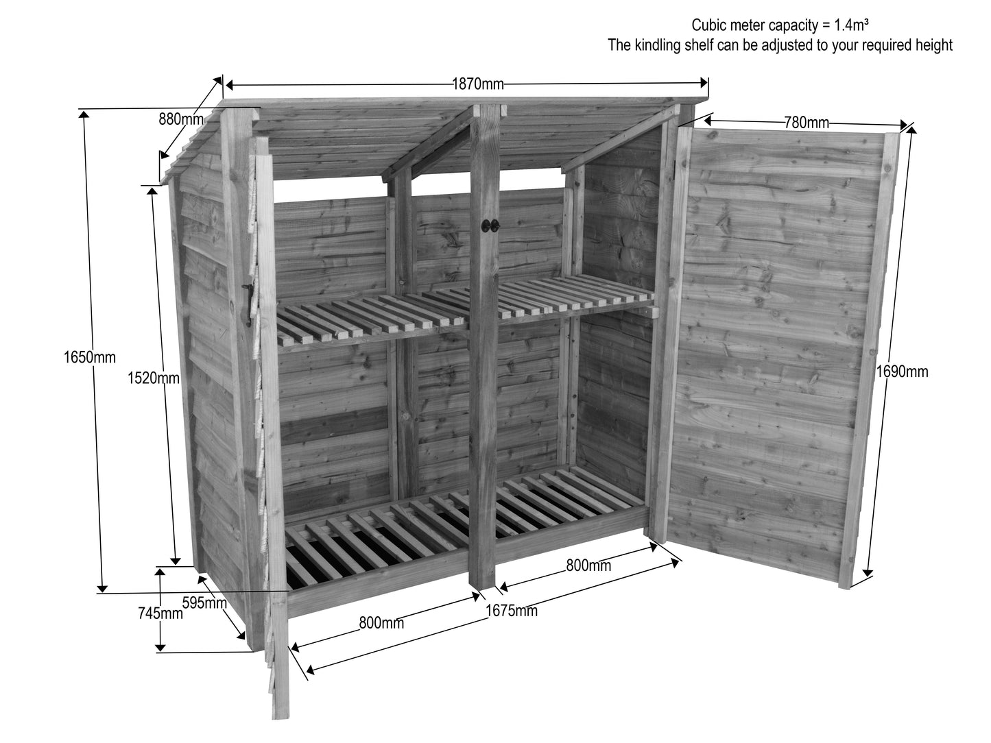 Wooden Garden Tool Storage (Roof Sloping Back) with Shelf W-187cm, H-126cm or 180cm, D-88cm - Brown Finish