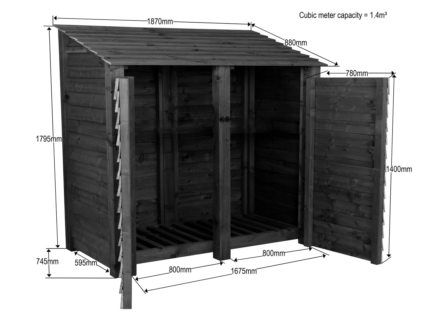 Slatted Wooden Log Store with Doors W-187cm, H-126cm or 180cm, D-88cm - Brown Finish