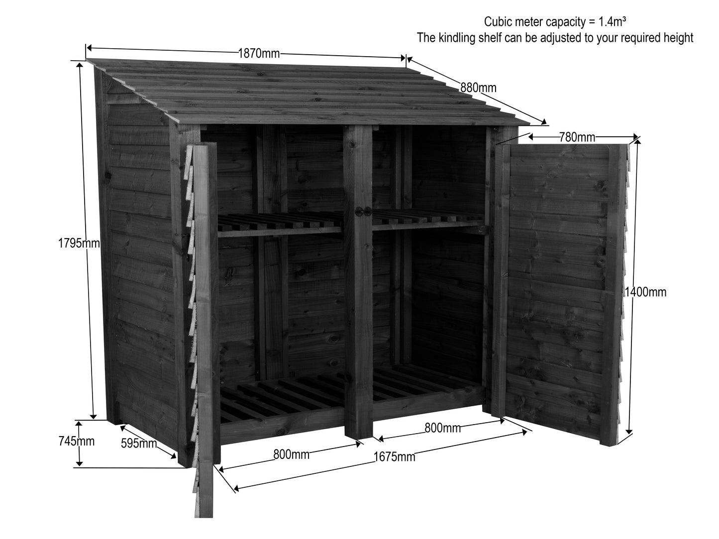 Wooden Log Store with Doors and Shelf W-187cm, H-126cm or 180cm, D-88cm
