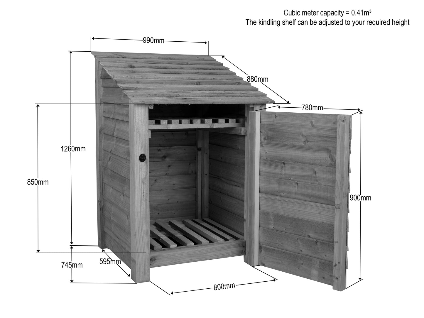 Slatted Wooden Log Store with Door and Shelf W-99cm, H-126cm or 180cm, D-88cm - Brown Finish