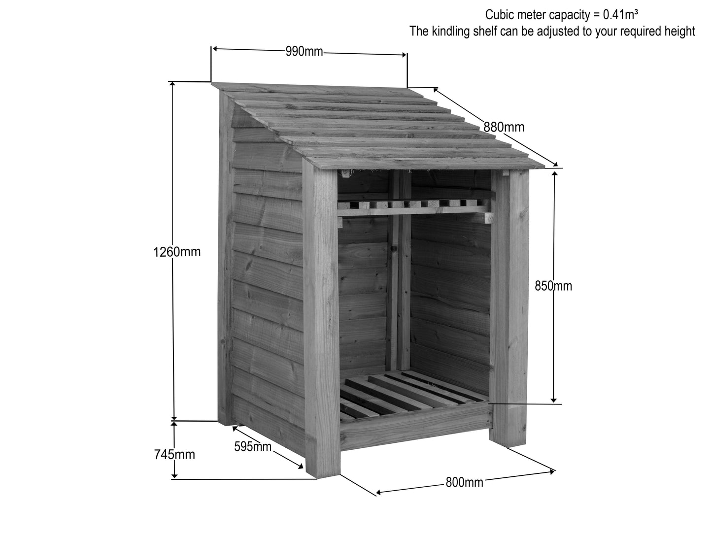 Wooden Log Store with Shelf W-99cm, H-126cm Or 180cm, D-88cm