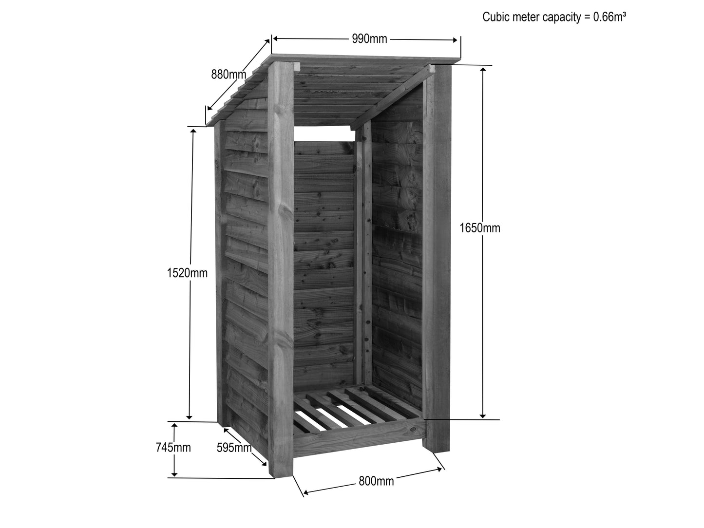 Wooden Log Store (Roof Sloping Back) W-99cm, H-126cm Or 180cm, D-88cm