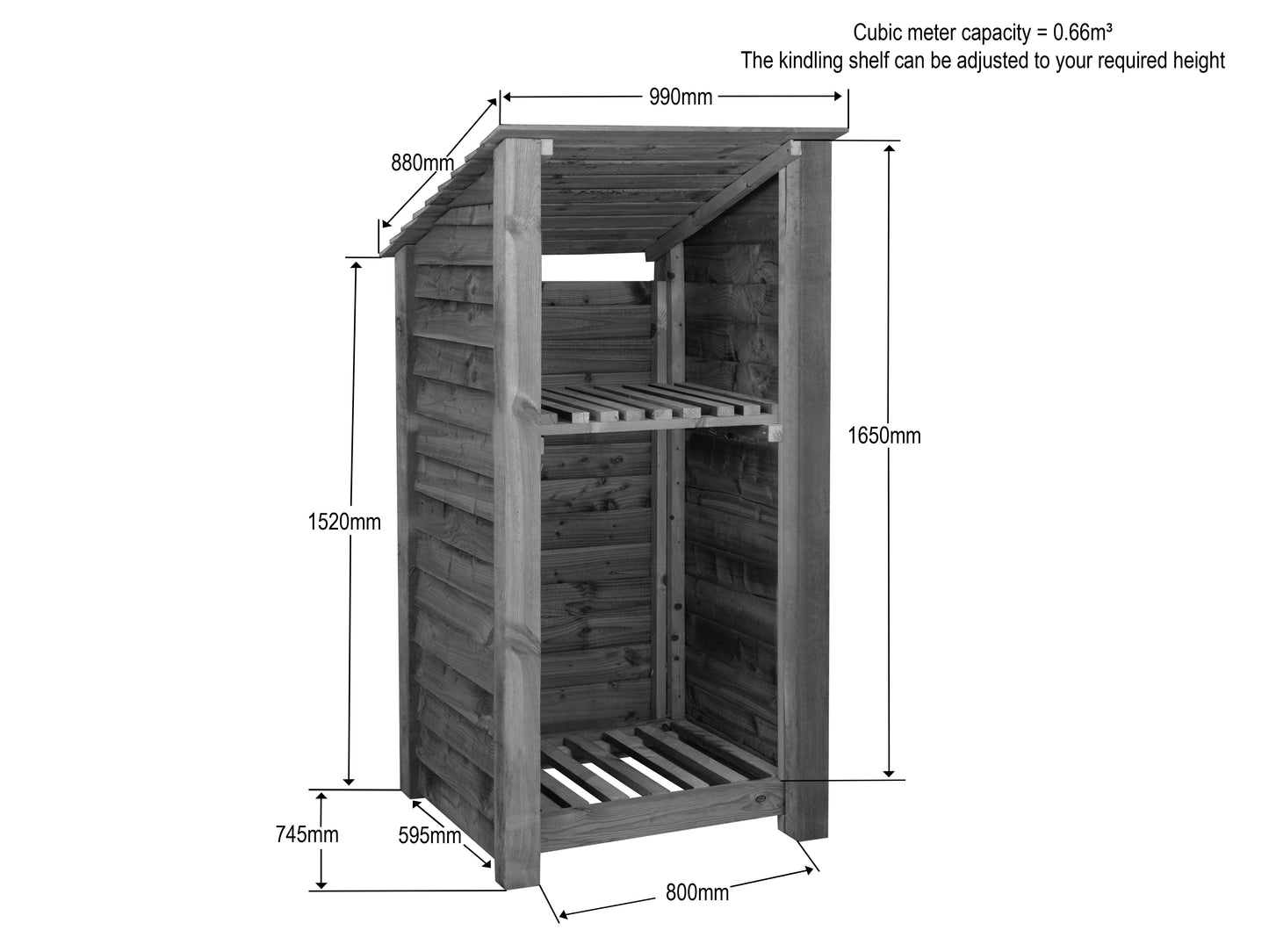 Wooden Log Store with Shelf (Roof Sloping Back) W-99cm, H-126cm Or 180cm, D-88cm