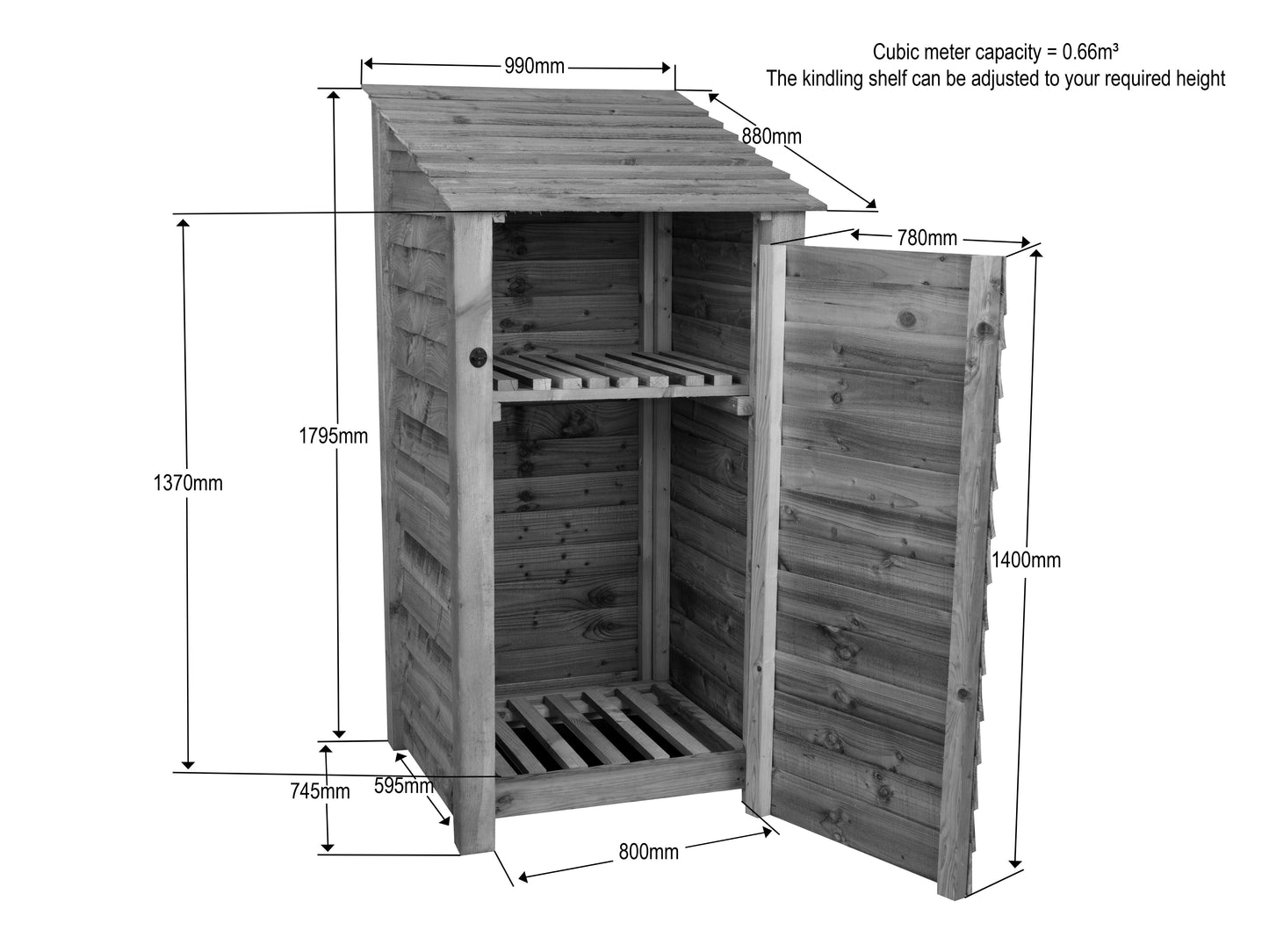 Slatted Wooden Log Store with Door and Shelf W-99cm, H-126cm or 180cm, D-88cm - Brown Finish