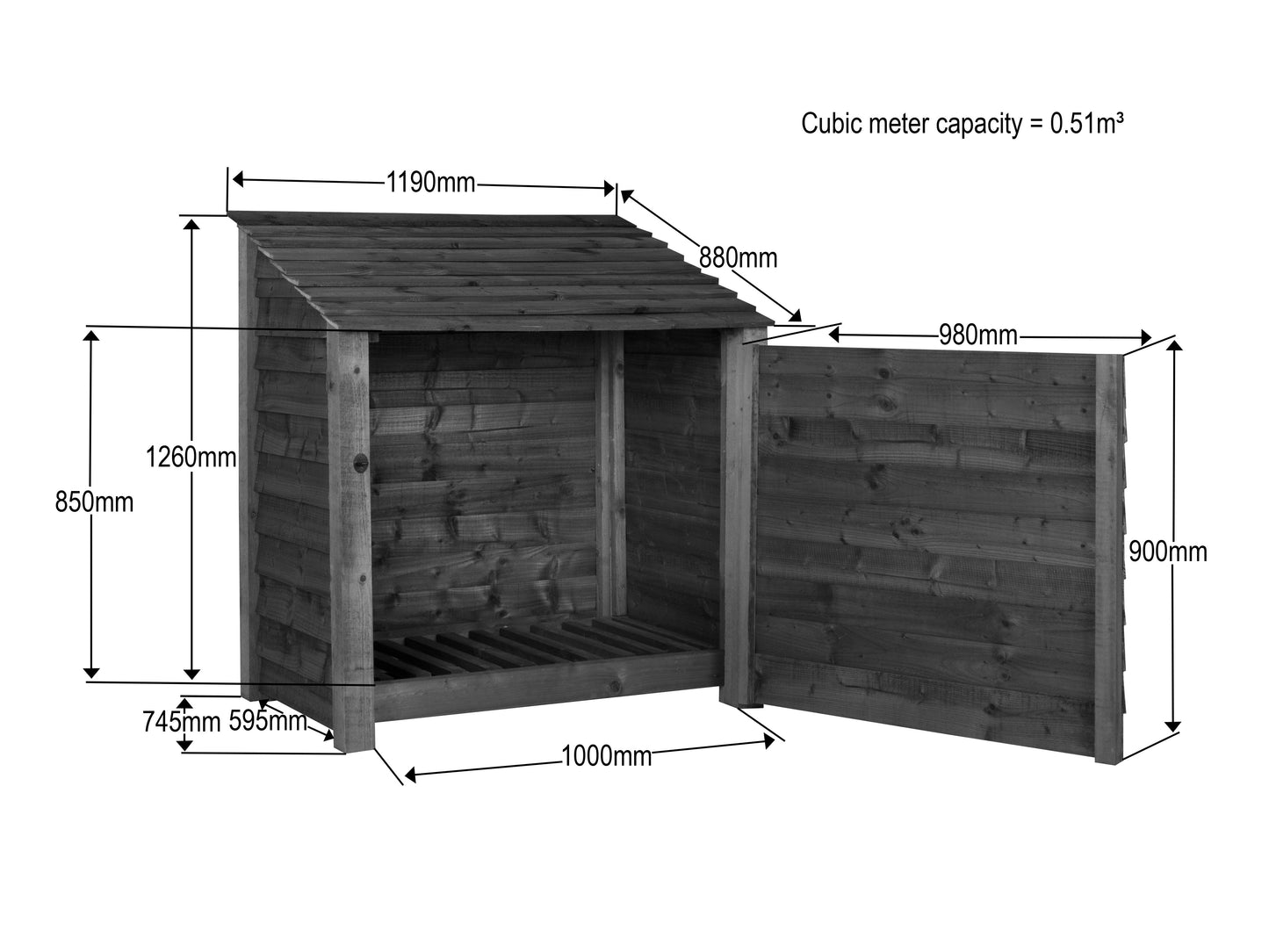 Wooden Log Store with Door W-119cm, H-126cm Or 180cm, D-88cm