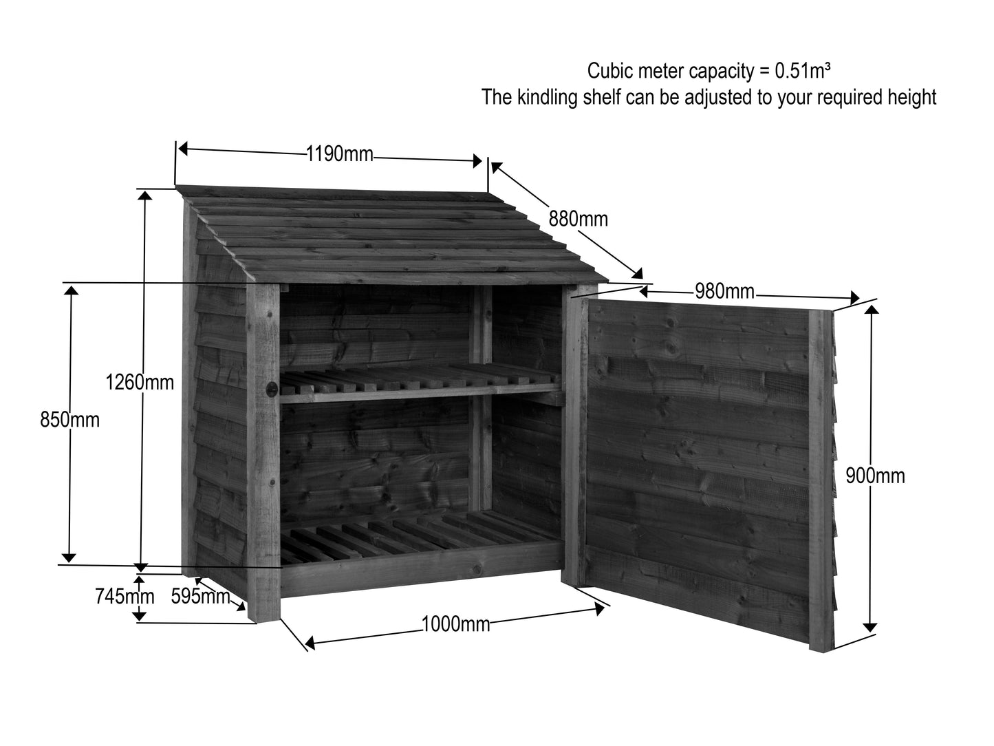 Slatted Wooden Log Store with Door and Shelf W-119cm, H-126cm or 180cm, D-88cm - Brown Finish
