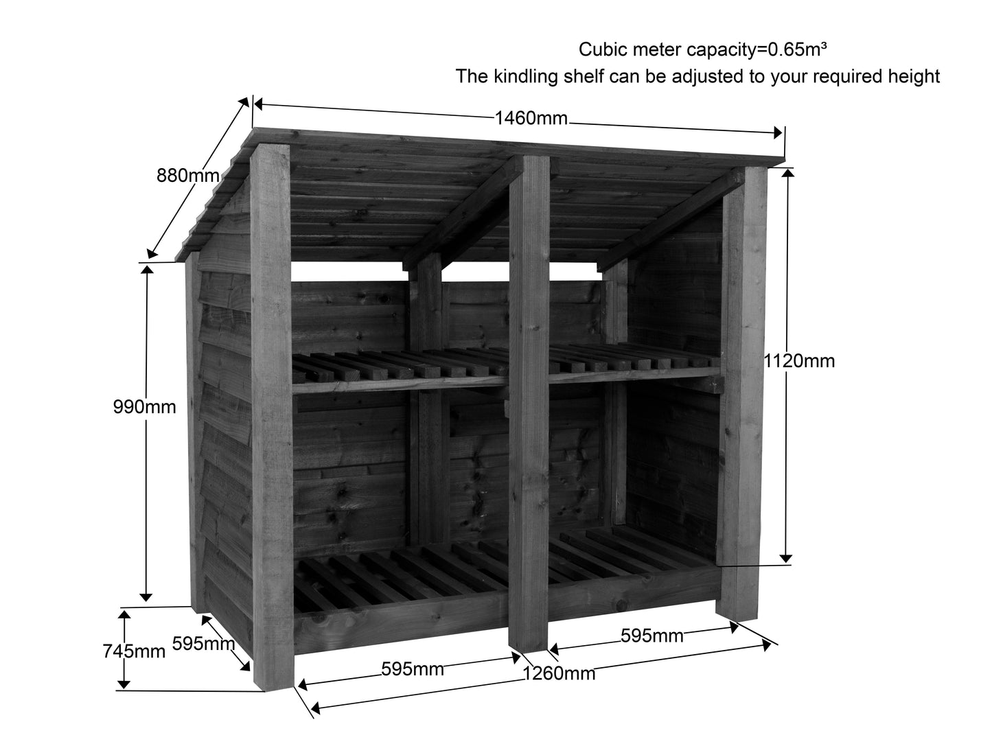 Wooden Log Store (Roof Sloping Back) with Shelf W-146cm, H-126cm or 180cm, D-88cm - Brown Finish