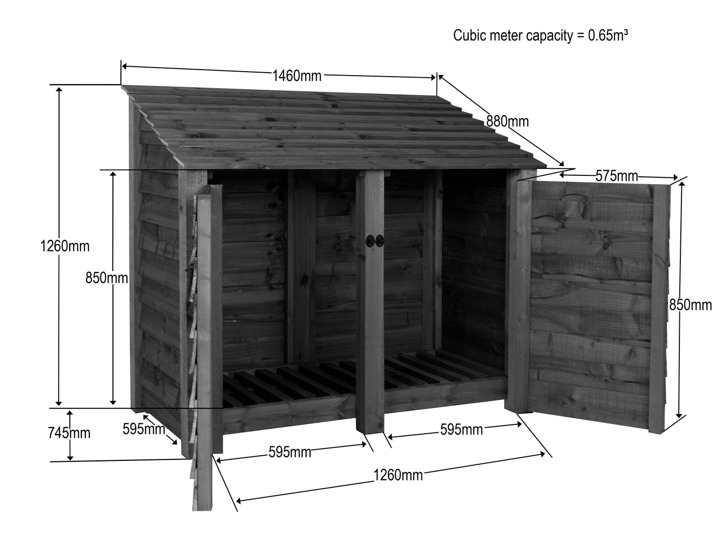 Wooden Garden Tool Storage (Roof Sloping Back) W-146cm, H-126cm or 180cm, D-88cm - Brown Finish