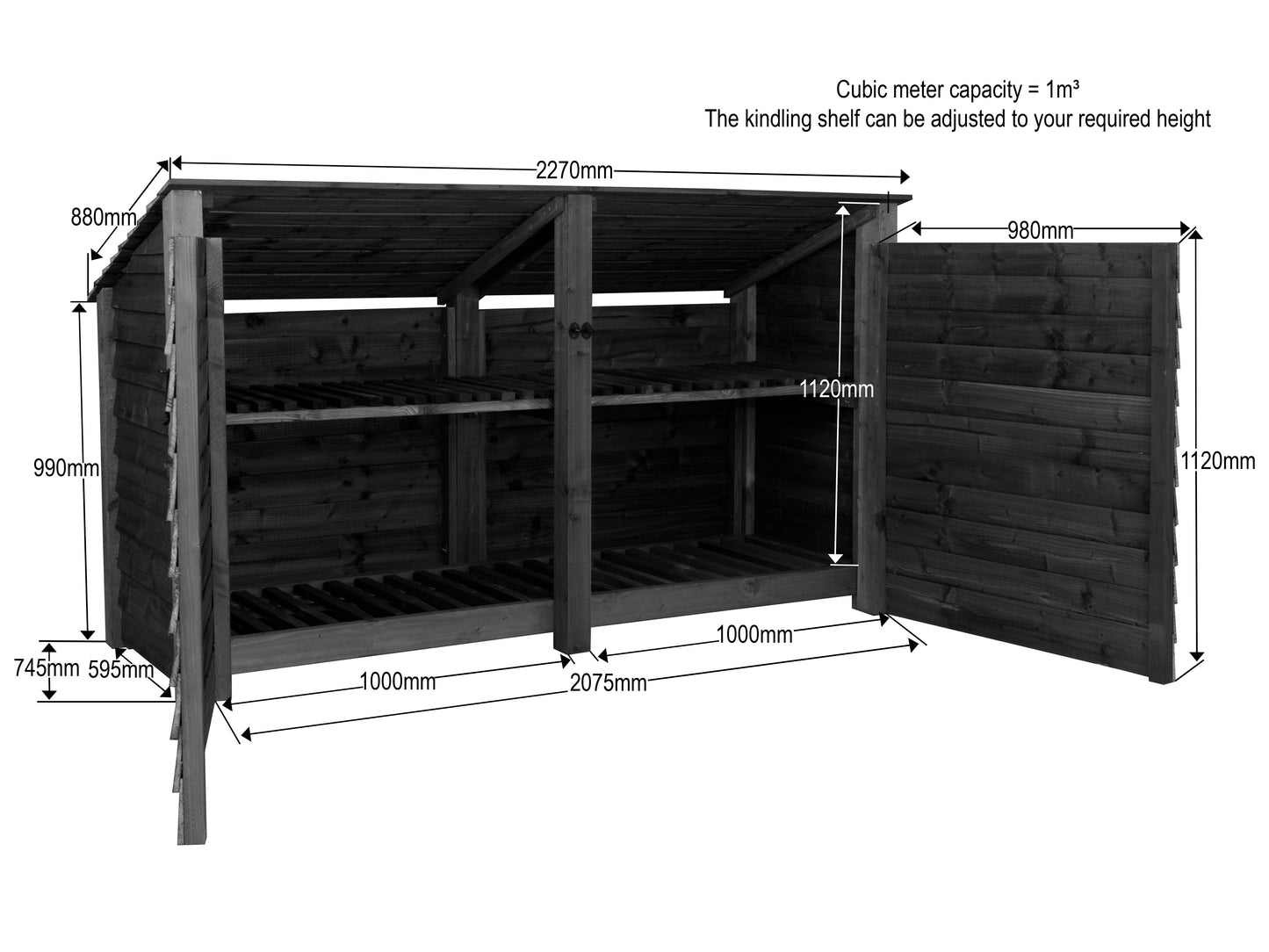 Wooden Log Store (Roof Sloping Back) with Doors and Shelf W-227cm, H-126cm or 180cm, D-88cm - Brown Finish