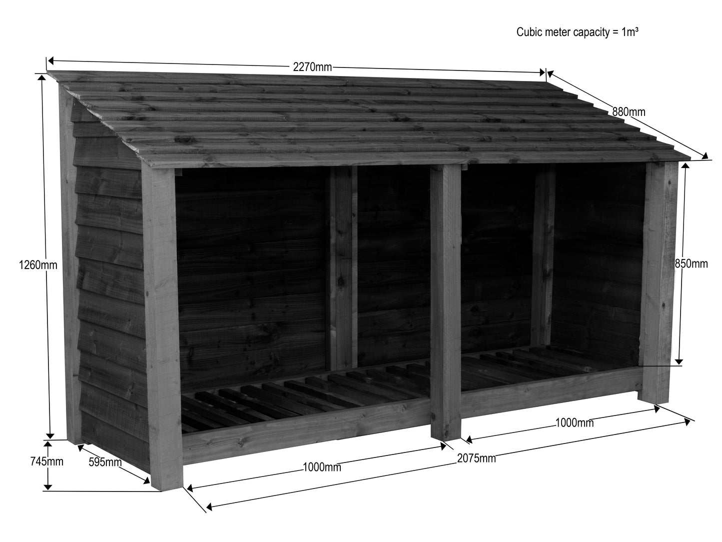 Wooden Log Store W-227cm, H-126cm or 180cm, D-88cm