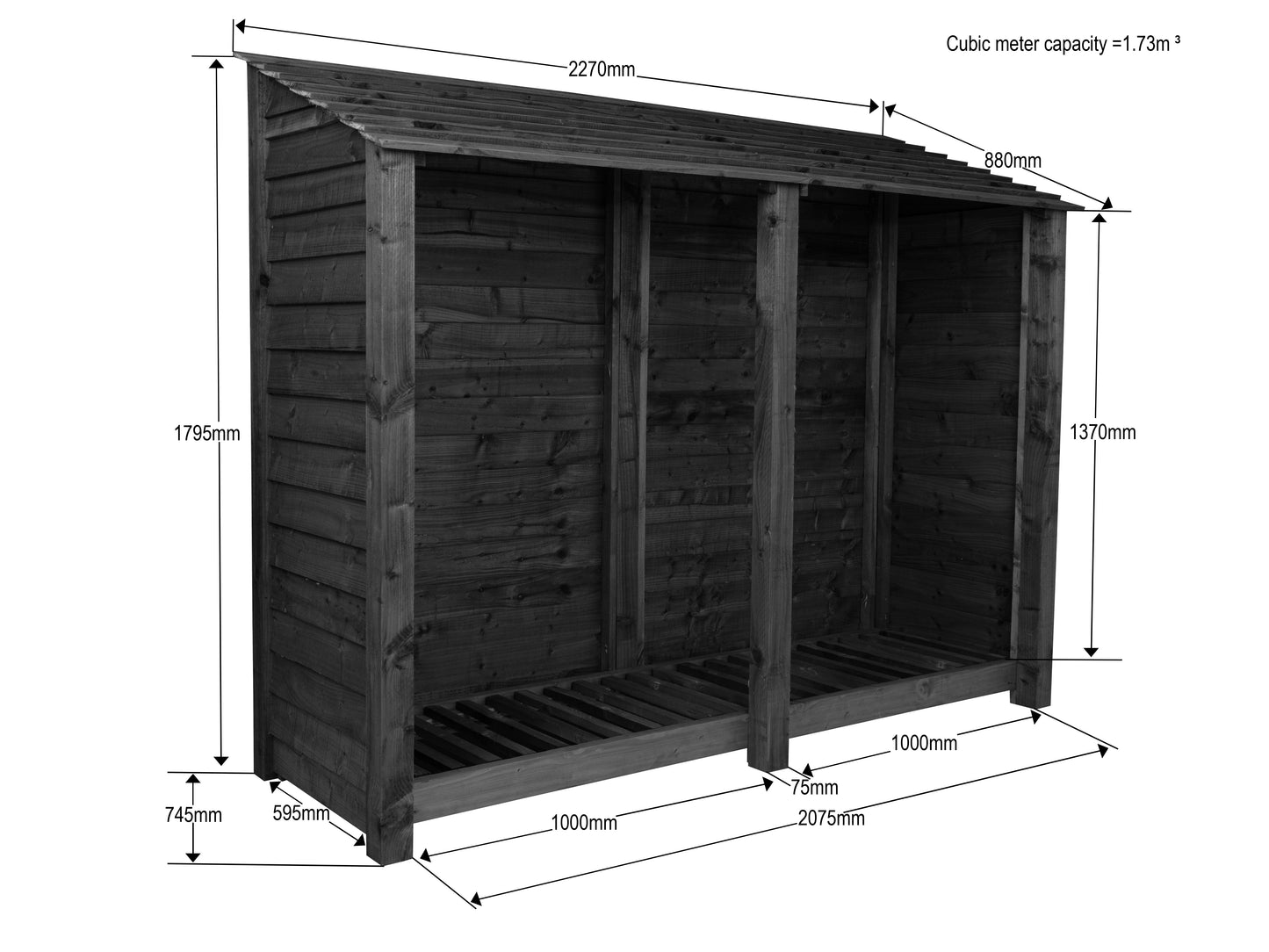 Slatted Wooden Log Store with Shelf W-227cm, H-126cm or 180cm, D-88cm - Brown Finish