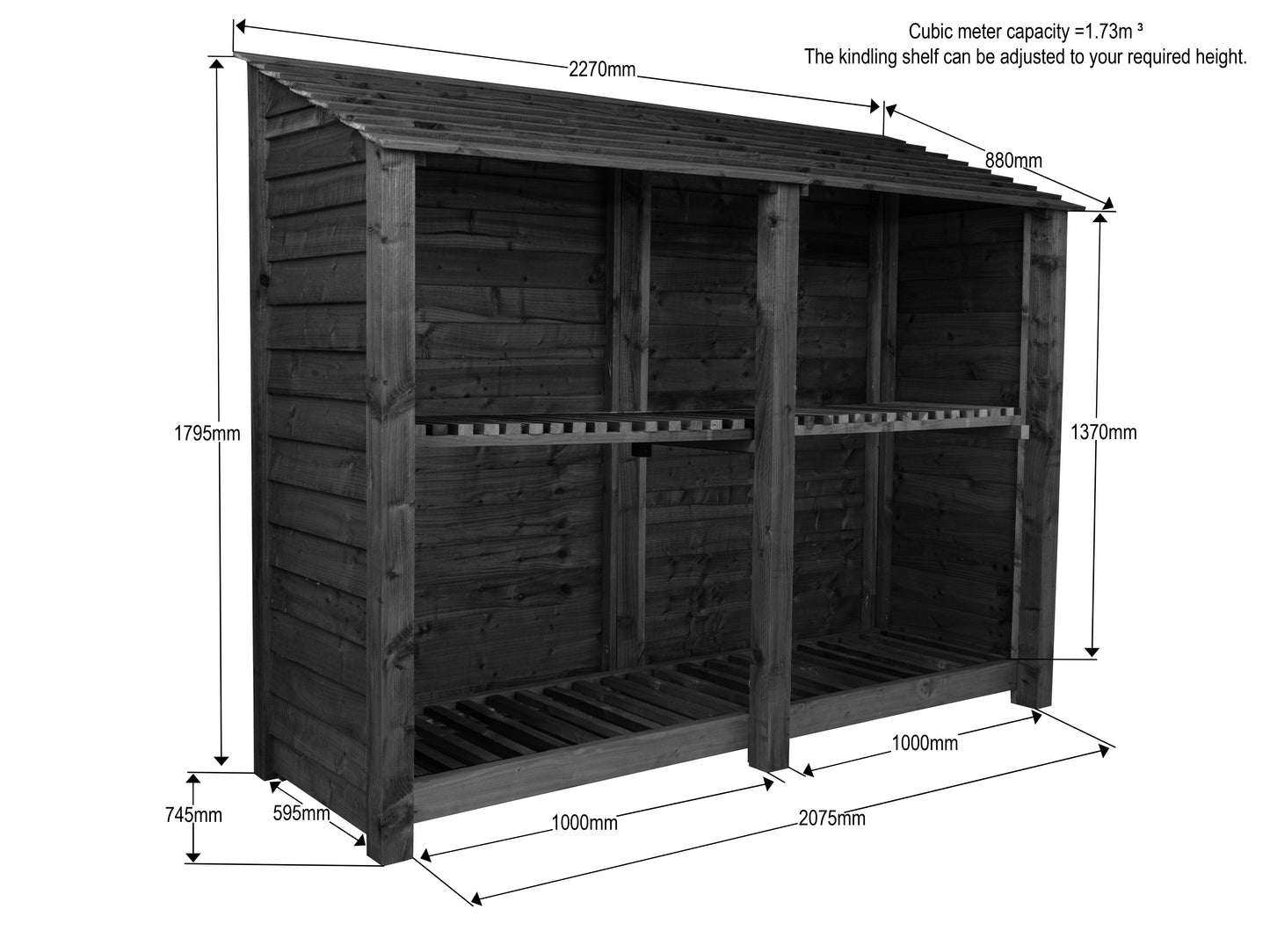 Wooden Log Store with Shelf W-227cm, H-126cm or 180cm, D-88cm - Brown Finish
